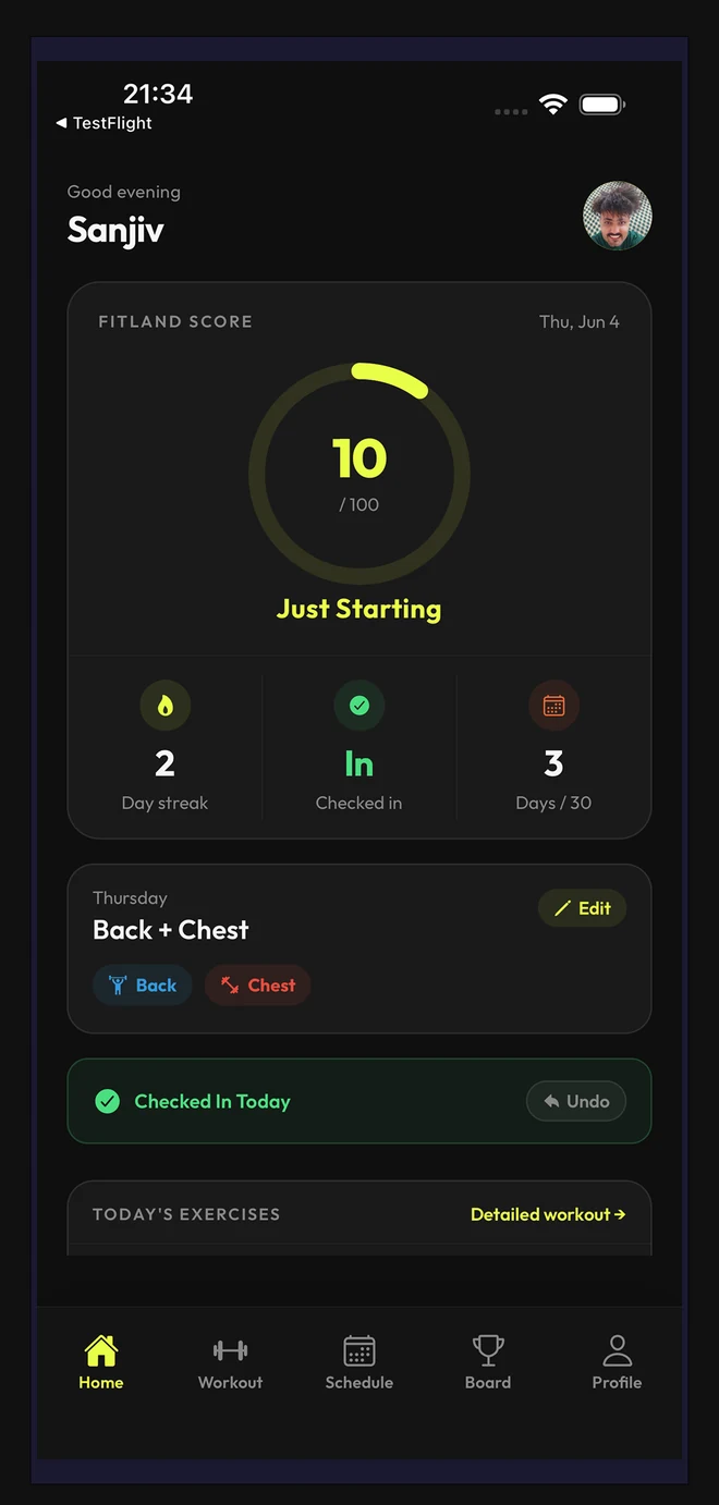 FitlandHQ app home screen showing your daily score and check-in